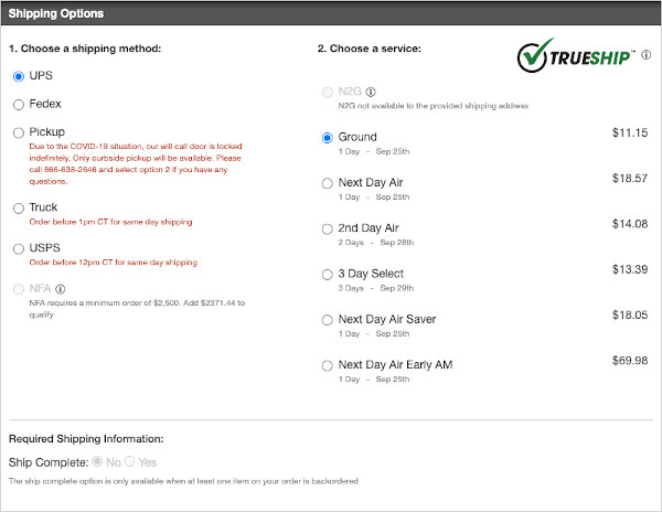 TrueShip Shipping Options Example